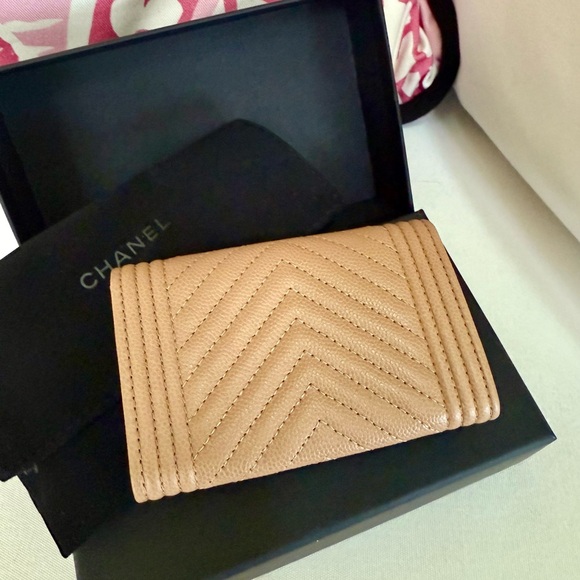 Chanel Beige Chevron Wallet with Gold Accent